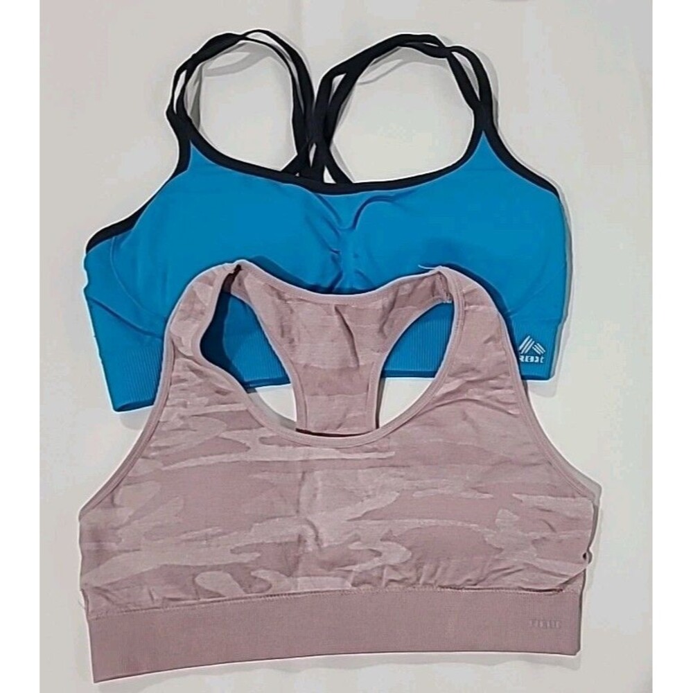 Lot 2 Reebok Strappy Mesh Stretch Sports Bras Teal Gray & Pink Mauve Camo Size L